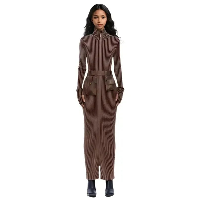 Women's Striped Knit Long Dress – Stand Collar & Belted Bag Detail - HalleBeauty
